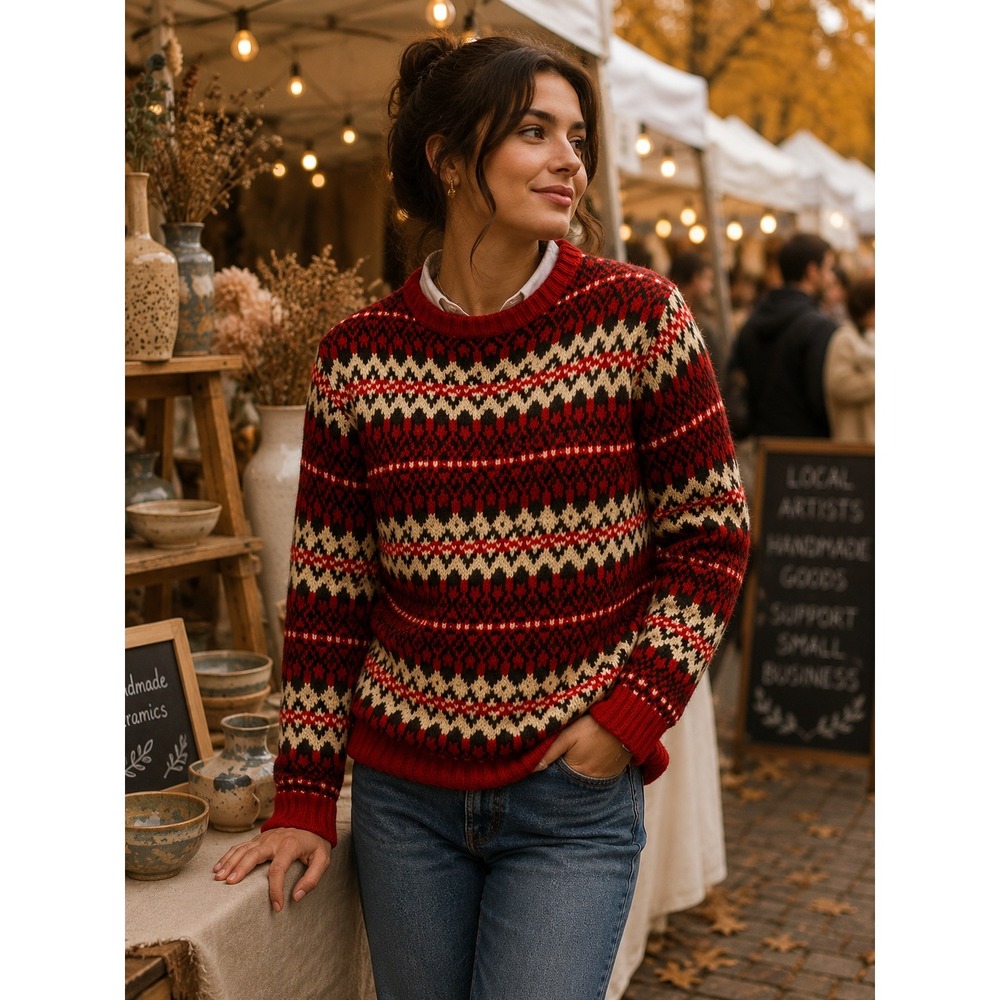 Chaps Sweater Womens Petite PS Red Fair Isle Wool Blend Mock Neck Knit 26022103